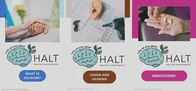 Covers of the three essential HALT modules: what is delirium, vision and hearing, and medications
